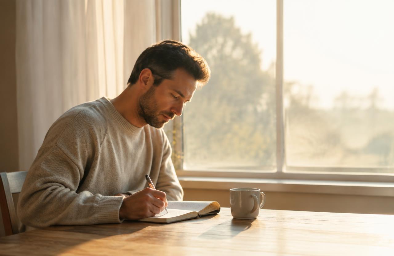 A father writing in a notebook at a sunlit window with a cup of coffee