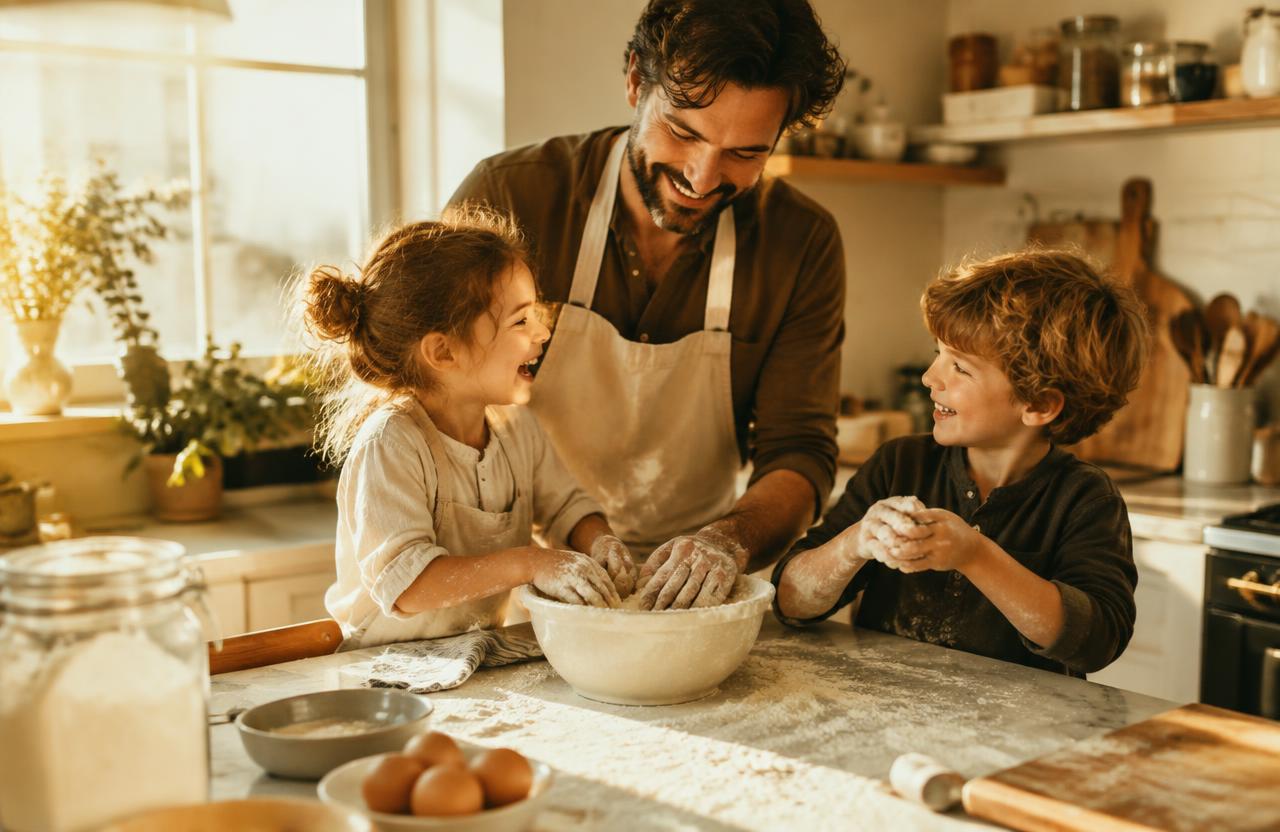 A father baking with his two children in a bright kitchen